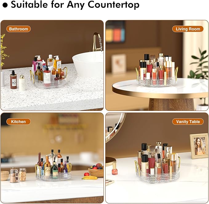 Awenia Rotating Makeup Organizer 360, Stackable Adjustable Large Capacity Cosmetic Storage Unit,Dresser Bathroom Kitchen Countertop Organizer with Metal Handle, Plus Size (Clear, 1 Tier)-VivaGrace Women