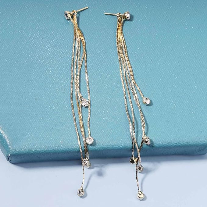 Boho Cz Tassel Chain Earrings Gold Drop Crystal Earrings Long Chain Dangle Earrings Rhinestone Linear Chain Earrings Sparkle Crystal Wedding Earrings Jewelry for Women and Girls-VivaGrace Women