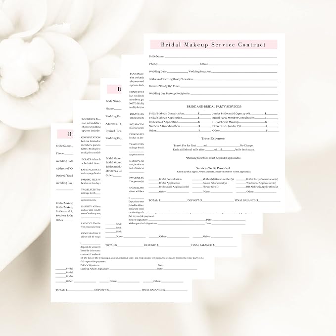 Bridal Makeup Service Contract | 100 Pack | 8.5 x 11" A1 Forms | Makeup Artist Supplies | Bridal Contract | White and Pink Forms-VivaGrace Women