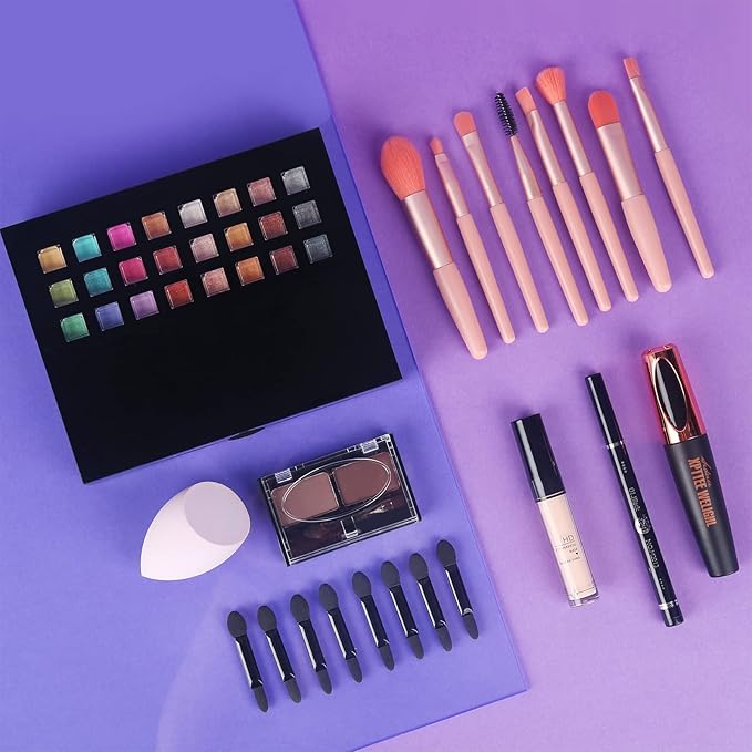 Full Makeup Kit with Applicator - 78 Color Cosmetic Gift Set Include Eyeshadow/Lipstick/Blush/Contour/Concealer, Mascara, Lip Liner, Eyeshadow Primer, Eyebrow Powder, Sponge and 8pcs Makeup Brush-VivaGrace Women