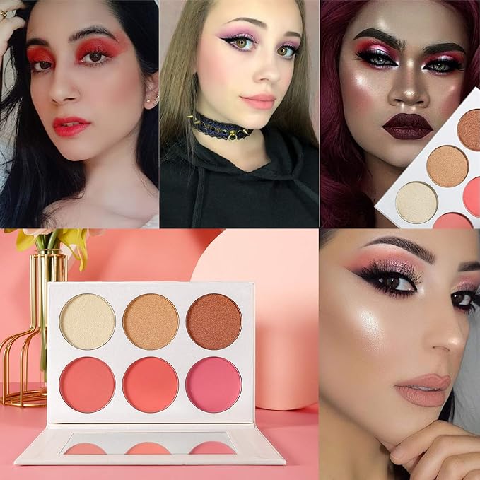 Blusher & Illuminator Highlighter & Bronzer Powder Contour Collection Set - 3 Blusher & 3 Highlighter Powder Palette - Perfect for Contouring and Highlighting - Vegan and Cruelty Free-VivaGrace Women