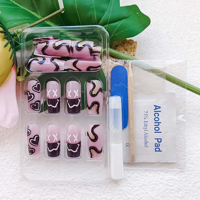 Square Press on Nails Medium Length Fake Nails with Glue Purple Acrylic False Nails with Brown Striped Love Heart Designs Glossy Gold Glitter Artificial Nails Fall Winter Stick on Nails 24Pcs
