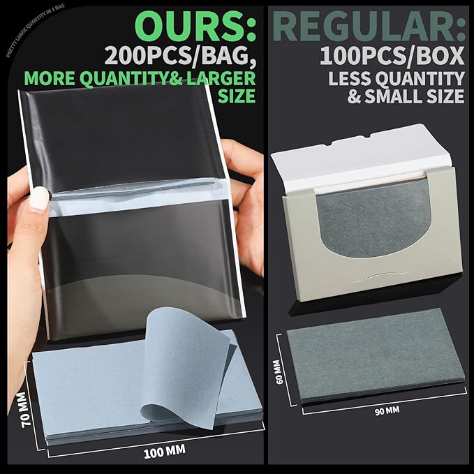 Blotting Paper for Oily Skin, Natural Bamboo Charcoal Blotting Paper, Oil Blotting Sheets for Face, 100 * 70MM Large Oil Absorbing Sheets Makeup Face Tissues, 200 Counts-VivaGrace Women