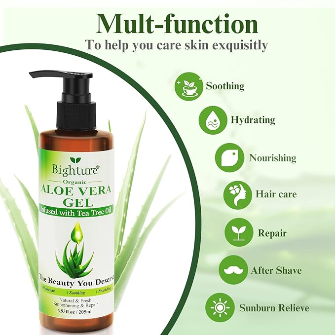 Organic Aloe Vera Gel with Tea Tree Oil for Face & Body, Freshly-cut Aloe Vera Gel Ideal for Skin, Scalp, & Hair Hydration, Calming Moisturizer for Soothing After Sun Care Relief, 6.93 oz-VivaGrace Women