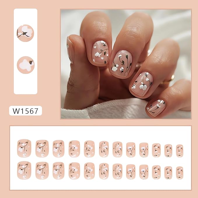 24 Pcs Small Flower Press on Nails Short Square Fake Nails White Flowers Glue on Nude False Nails Cute Spring Nail Art Decorations Short Square Stick on Nails for Women and Girls