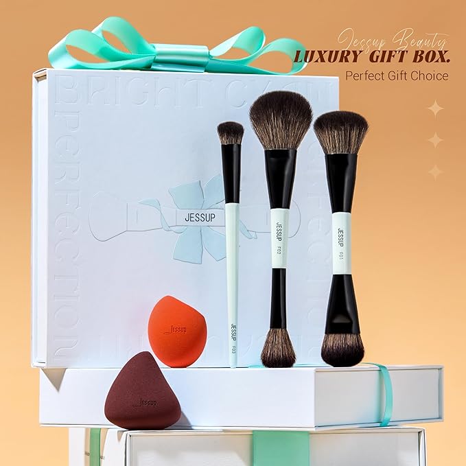 Jessup Face Makeup Brushes with Makeup Sponge, 3pcs Double Ended Makeup Brush for Foundation Contour Blush Highlight and Concealer Brush, Premium Synthetic Brush Set with Gift Box, T510-VivaGrace Women
