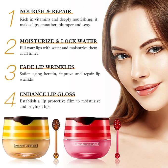 4 PCS Bee Honey Lip Balm Honey Pot, Strawberry & Bee Honey Lip Mask, Reduces Lip Lines, Hydrate & Moisturizing Lip Skin Care, Prevention Dry Cracked Lips, Bee Honey Lip Balm for Lip Repair Treatment-VivaGrace Women