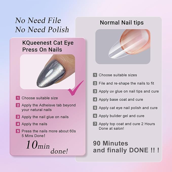KQueenest Glitter Cat Eye Press on Nails Short Almond with UV Coating, Thick Cute Gel Nails Press on, Gloss Acrylic Fake Nails Glue on with Bling Design - 30 Reusable False Nails, Smoky Grey Sparkle