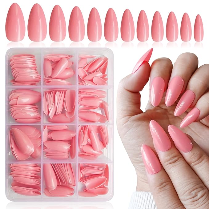 LoveOurHome 240pc Gel Almond Press on Nails Medium Stiletto Fake Fingernails Full Cover False Artificial Nail Tips Pink Manicure Decor with Tabs for Women Girls