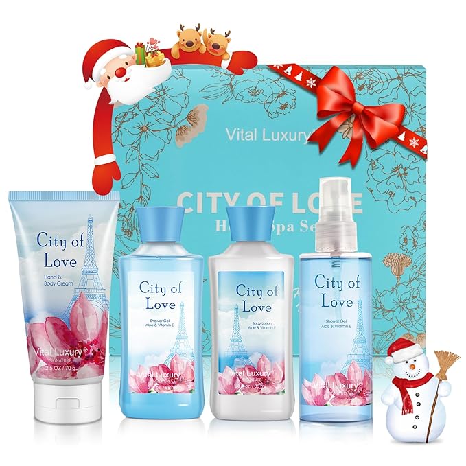 Bath & Body Kit, 3 Fl Oz, Ideal Skincare Gift Home Spa Set, Includes Body Lotion, Shower Gel, Body Cream, and Fragrance Mist, Birthday Mother's Valentine's Day Gifts(City of Love)-VivaGrace Women