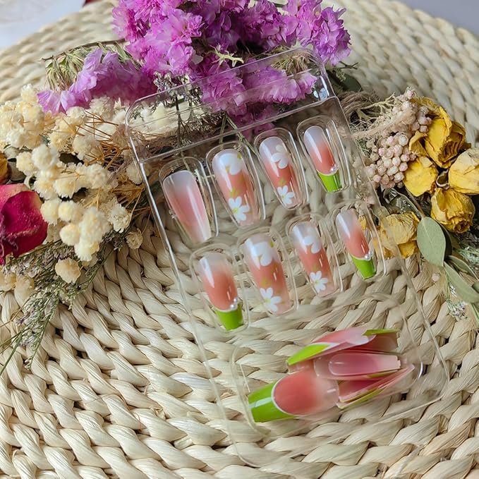 Green French Tip Fake Nails 24Pcs White Flower Press on Nails Long Coffin Acrylic False Nails with Design Pearl Nail Charms Camellia Flowers Glue on Nails Gradient Blush French Artificial Nails
