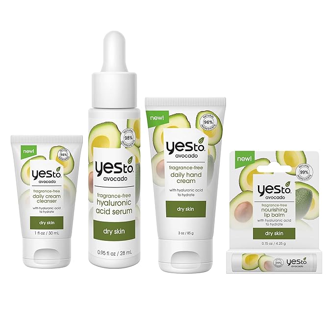 Yes To Avocado Fragrance-Free Skincare Set, Daily Cream Cleanser, Hyaluronic Acid Serum, Hand Cream, Nourishing Lip Balm-VivaGrace Women