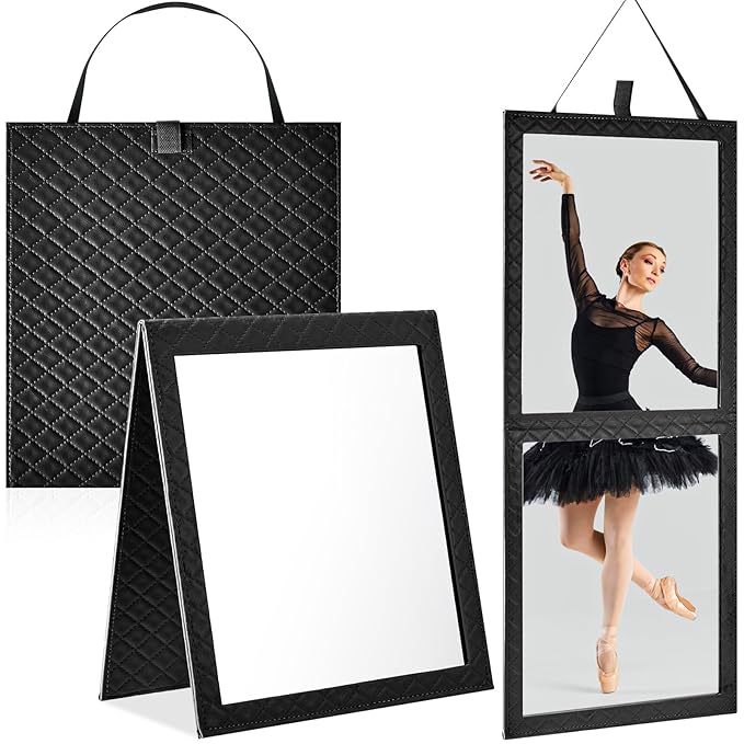 Foldable Backstage Mirror with Handle 33.5X 13.4 Inch Leather Folding Hanging Mirror Rectangular for Travel Dance Bag Home Fitness Spa Gift for Dancers(Black)