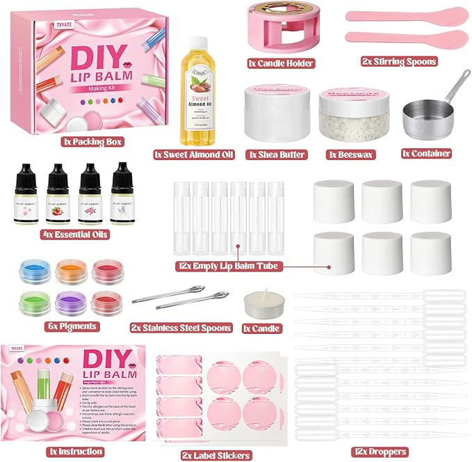 TSVATE DIY Lip Balm Kit, 47Pcs Lip Balm Making Kit for Kids, Make Your Own Lip Balm, DIY Lip Care Kit by Multi-flavor and Multicolored, DIY Makeup Set for Birthday Gift-VivaGrace Women