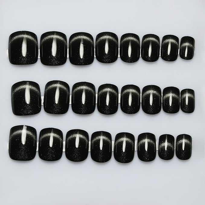 Gunmetal Silver Press On Nails Short Square,Cat Eye Fake Nails,Defined Smile Line Design with a Radiant Gloss Effect, Glossy Gel Finish Short Press On Nails, Thick Reusable Glue On Nails for Women