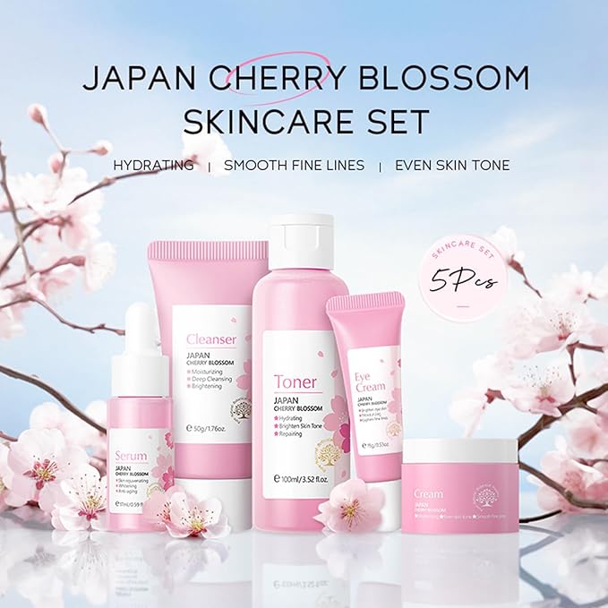 Korean Skin Care Set - Sakura Skin Care Sets & Kits - Women Gift Sets with Cleanser-Toner-Serum-Face Cream-Eye Cream - Skin Care Routine Kit for Women - Beauty Products Gift Box (SetB)-VivaGrace Women