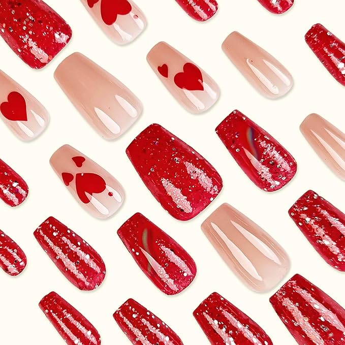 Medium Press on Nails Coffin Fake Nails Red Glitter False Nails with Heart Designs Rainbow Ombre Glue on Nails Sparkly Artificial Nails Cute Stick on Nails for Women 24Pcs