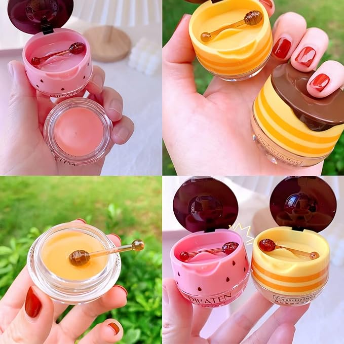 2Pcs Bee Lip Balm Honey Pot, Honey & Strawberry Lip Balm Moisturizing Lip Sleep Mask with Stick Hydrating & Prevention Dry and Cracked Lip Scrubs Exfoliator, Reduces Lip Lines-VivaGrace Women