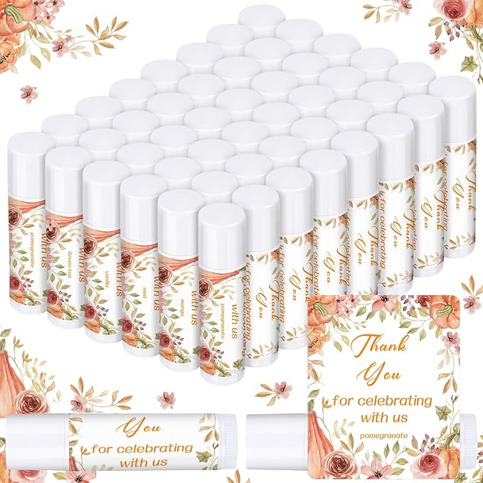 Dunzy 50 Pcs Thank You Gift Lip Balm Bulk Baby Shower Party Favors Bridal Shower Favor Lip Care with Assorted Fruit Flavors Thank You Lipstick for Guest Basket Gift Stuffer (Pumpkin)-VivaGrace Women