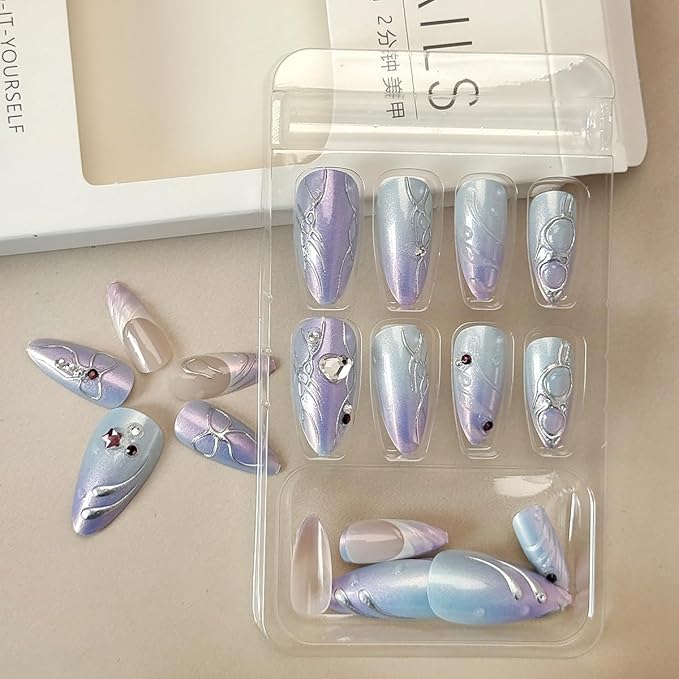 24Pcs Purple French Tip Press on Nails Medium Almond Fake Nails with Black 3D Star Colorful Ripple Design Handmade False Nails Full Cover Artificial Glue on Nails Cute Stick on Nails for Women DIY