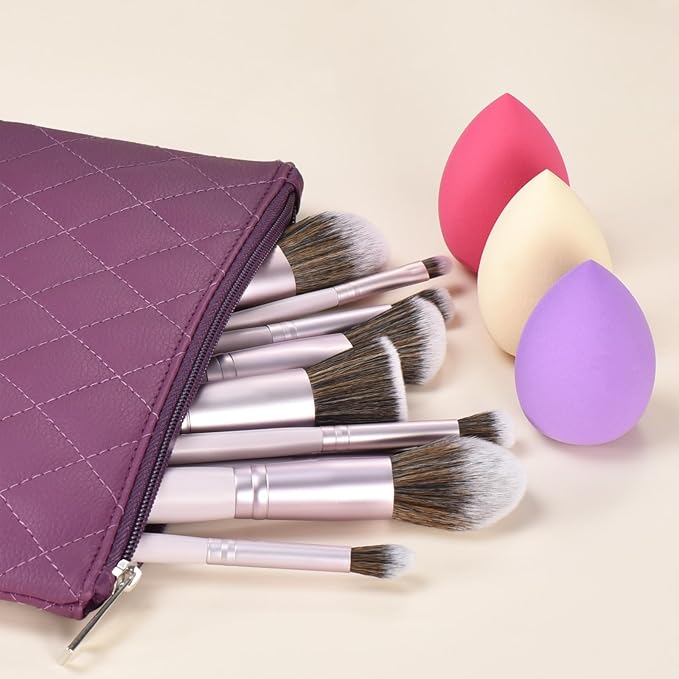 10 Piece Purple Makeup Brushes Set and 3 Piece Makeup Sponge - Wooden Handle with Soft Synthetic Bristles, for Face & Eye Makeup | Professional Cosmetic Brushes | Includes Travel Pouch-VivaGrace Women