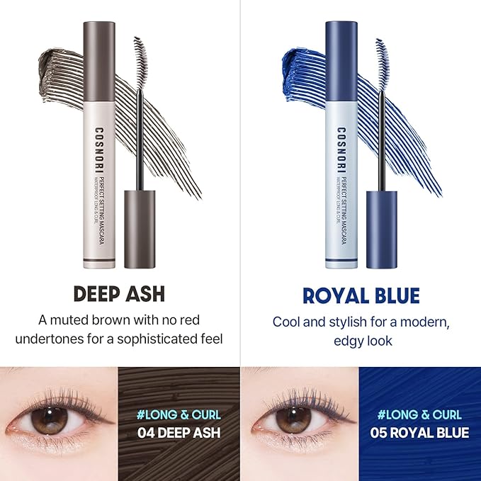 COSNORI Perfect Setting Waterproof Mascara Long&Curl 05 Royal Blue – Long Lasting Smudge - Deep Blue Mascara - Vibrant Pop of Color - Perfect Accent for Deep Skin Tones - 0.23fl oz (7ml)