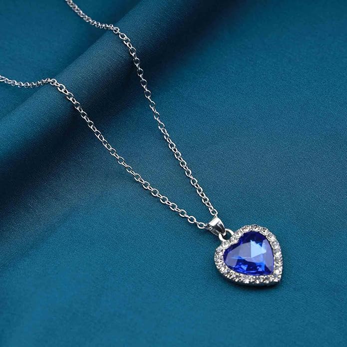 Vintage Crystal Sapphire Necklace Rhinestone Heart Sapphire Pendant Necklace Blue Sapphire Choker Necklace Silver Cz Heart Necklace Jewelry for Women-VivaGrace Women