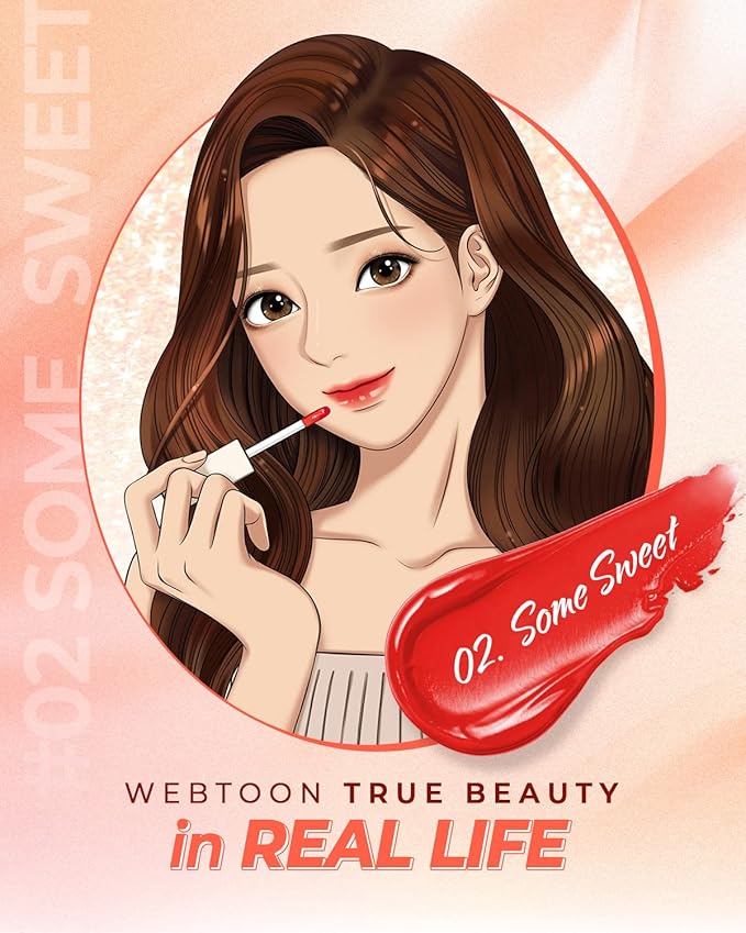 AMTS Webtoon True Beauty - 02 Some Sweet | Coral Lip Tint Stain | High Pigment Liquid Shine Non-Sticky Long-Wearing Long-Lasting | Korean Webtoon True Beauty Cute Coral Makeup-VivaGrace Women