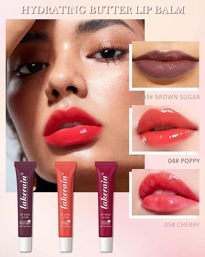 Tinted Lip Butter Balm-3 Colors Vanilla Beige Brown Poppy Pink Sugar Glossier Lip Gloss, Jelly Yummy Lip Stain Balm,Long Lasting Hydrating Non-Sticky Glow Reviver Fat Lip Care Oil for Women-Set B-VivaGrace Women