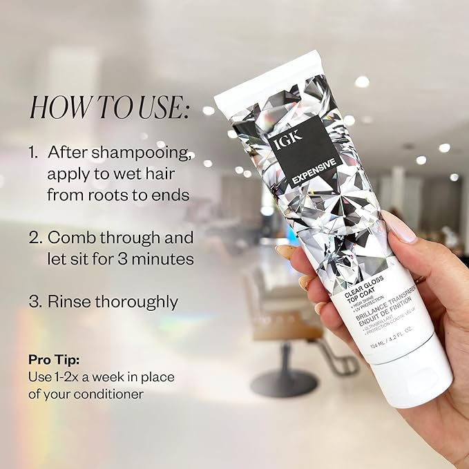 IGK - EXPENSIVE - Clear Hair Gloss Treatment – Shine-Boosting Top Coat for Glass Hair – Hair Treatment for Smooth, Polished Finish – Clear Gloss for Hair Sheen and Silkiness - Cruelty Free 4.2oz-VivaGrace Women
