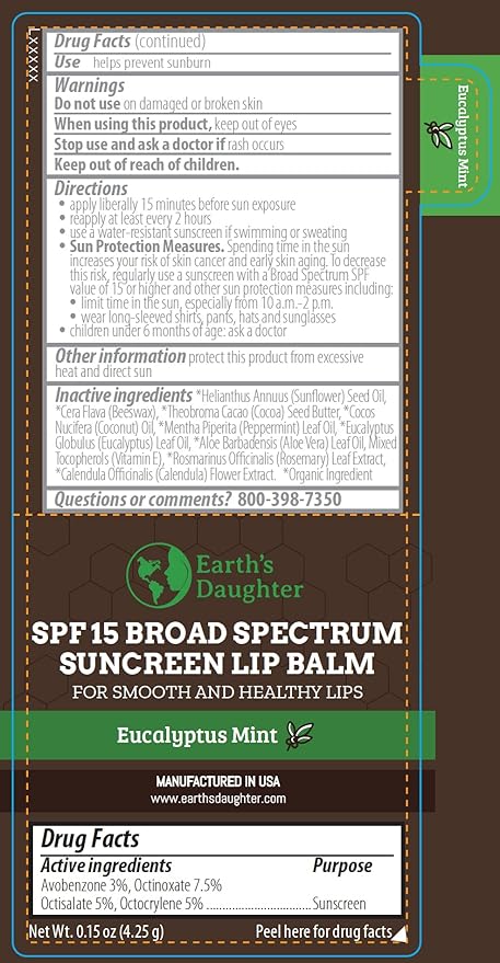 SPF Lip Balm 4-Pack by Earth's Daughter - Lip Sunscreen, SPF 15, Organic Ingredients, Eucalyptus Mint Flavor, Beeswax, Coconut Oil, Vitamin E - Hypoallergenic, Paraben Free, Gluten Free-VivaGrace Women