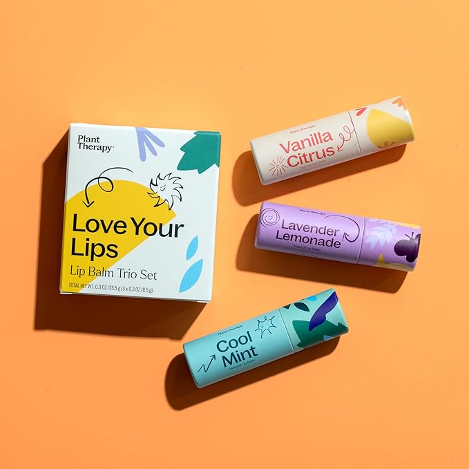 Plant Therapy Love Your Lips Lip Balm Trio Set 0.9 oz (25.5 g) Simple, Natural Ingredients & Packaged in Eco-Friendly Recyclable Cardboard, Refreshing Flavors Including: Lavender Lemonade, Vanilla Citrus, Cool Mint-VivaGrace Women