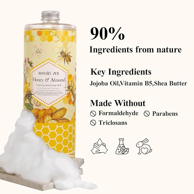 Natural Honey & Almond Scented Foaming Hand Soap Refill Gift Set - 3 Pack with Dispenser, Non-Toxic and Biodegradable Formula, Moisturizing Essential Oils for Sensitive Skin (33.8 Fl Oz x 3)