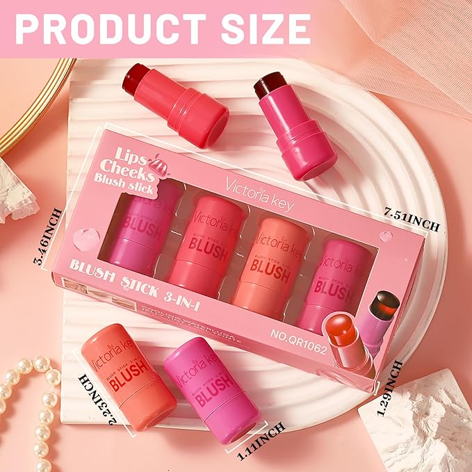 4 Pcs Jelly Blush Stick,Sheer Lip & Cheek Stain Makeup Cooling Water Jelly Tint, Multiple Use Long Lasting Jelly Texture Non-Stick Blush for Cheeks, Pigmented Waterproof Makeup Blush-VivaGrace Women