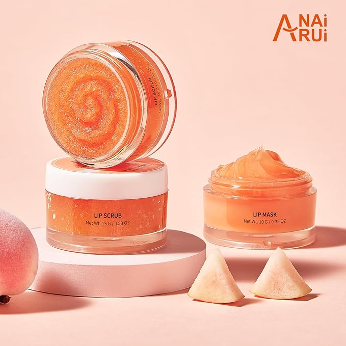 ANAI RUI Lip Balm Mask & Lip Scrub Set, Lip Care Kit, Overnight Lip Treatment with Lip Sleeping Mask & Sugar Lip Exfoliator Scrub, Lip Moisturizer for Dry, Chapped, Dark Lips, Reduce Fine Lines, Peach-VivaGrace Women