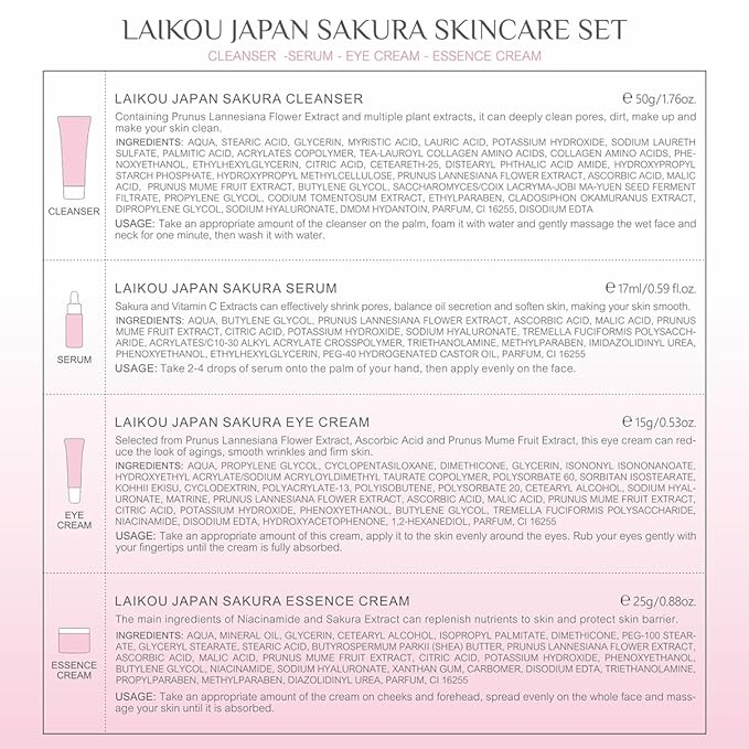 Skin Care Set JAPAN SAKURA Beauty Gift Sets Skin Care Kit with Cleanser, Serum, Eye Cream, Face Cream Travel Kit for Women Mom Wife Teen Girls Gentle Skin Cleaning TSA-friendly Sizes 4pcs-VivaGrace Women
