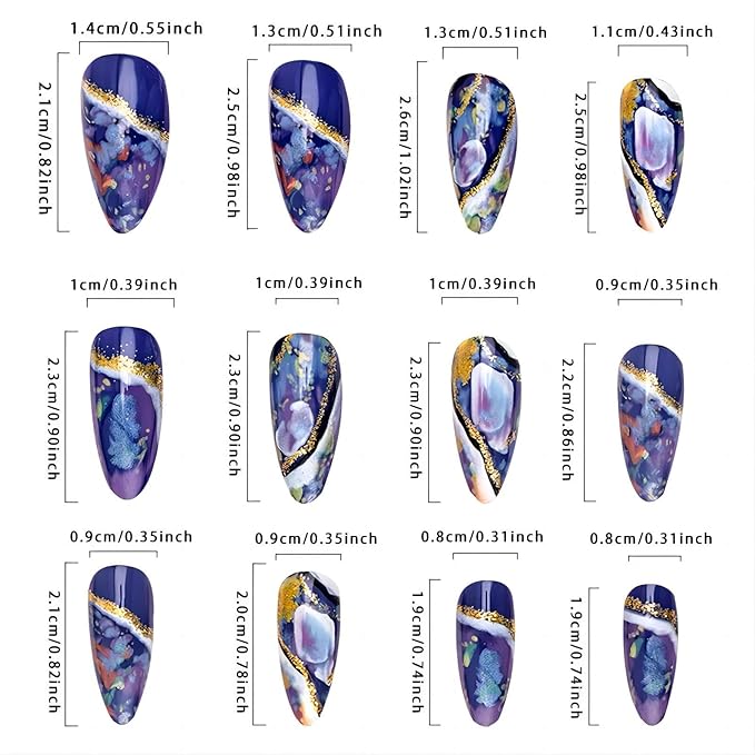 Blue Almond Press On Nails Medium Gold Glitter Acrylic Fake Nails With Designs Glossy Glazed Amber Pattern Artificial 24Pcs