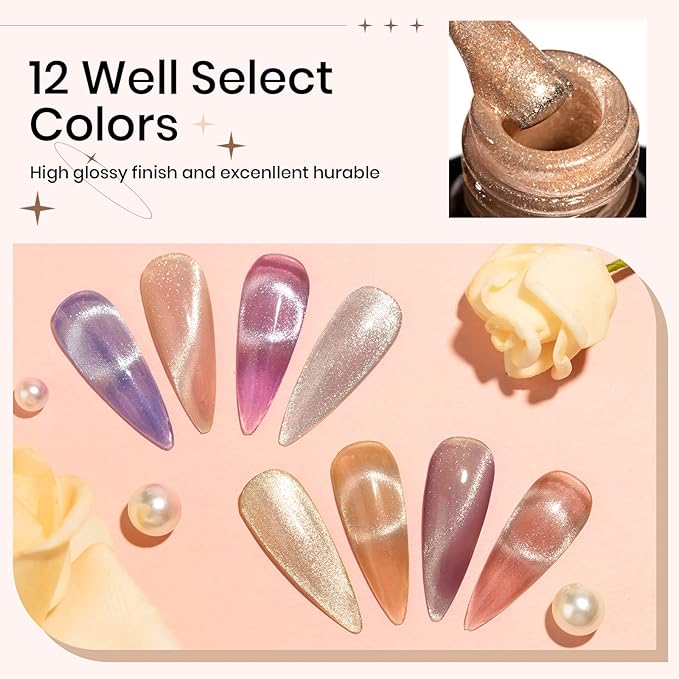 Magnetic Cat Eye Nail Polish Set, 12 Colors, 9D Cateye Nail Polish, Holographic Glitter, Magnetic Gel Polish, Soak Off Lamp, Gel Nail Art Manicure Kit