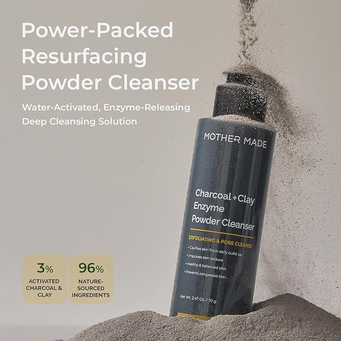 MOTHER MADE Charcoal Clay Enzyme Powder Vegan Facial Cleanser 2 EA with Salicylic Acid, Vitamin C, Hyaluronic Acid, Super Gentle Exfoliating Face Scrub, Pore Cleansing Exfoliant