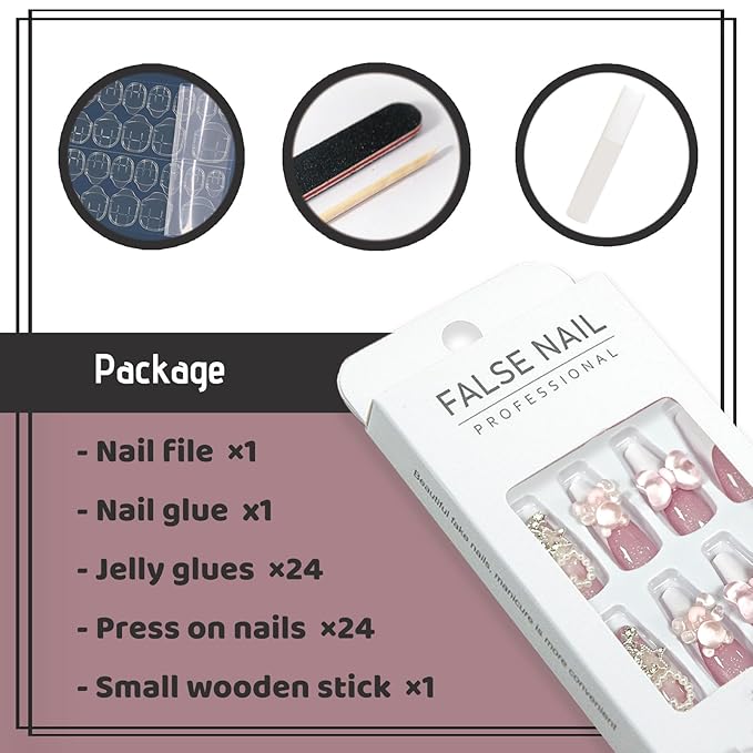 Long Press on Nails French Tip Coffin Fake Nails with Rhinestones Star Designs 3D Cute Bears False Nails Sequins Stick on Nails Glossy Glue on Nails for Women and Girls