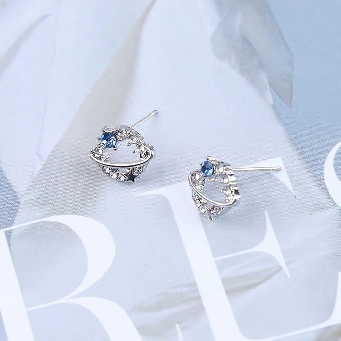 Boho Crystal Saturn Earrings Cz Orb Planet Earrings Silver Rhinestone Circle Earrings Tiny Sapphire Stud Earrings Jewelry for Women and Girls-VivaGrace Women