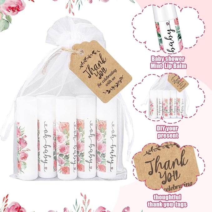 Demissle 50 Pcs Baby Shower Lip Balm Gift Set with 100 Pcs Organza Bags Baby Shower Party Favor for Guest Thank You Tag Rope Baby Shower Party Decoration Gender Reveal Souvenirs(Watercolor Flower)-VivaGrace Women