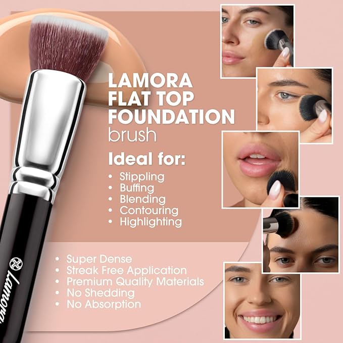 LAMORA Foundation Brush for Liquid Makeup - Kabuki Face Brush for Cream, Powder, Blush, and Concealer - Flat Top Blending, Buffing, Stippling Brush-VivaGrace Women