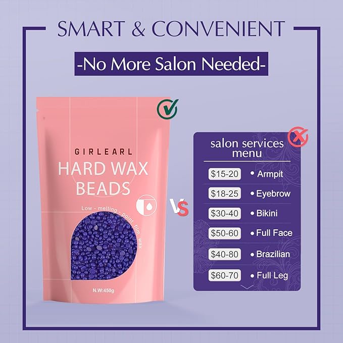 Hard Wax Beads, Wax for Women Sensitive Skin, 1lb, Lavender Formula, Hair Removal for Legs, Brazilian Bikini, Eyebrow, Facial and Full Body-VivaGrace Women