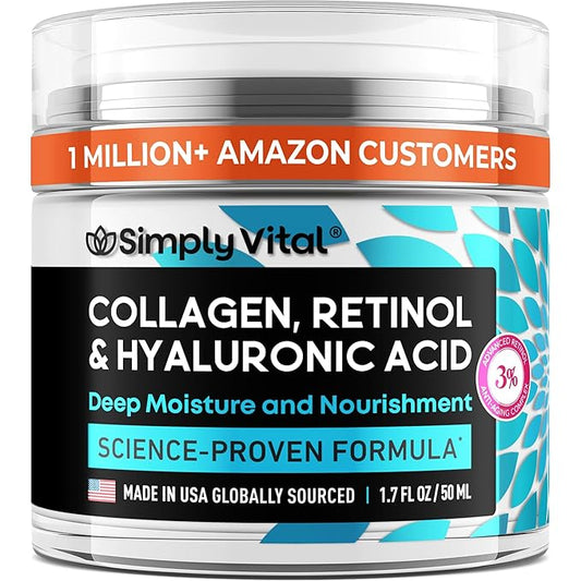 SimplyVital Collagen, Retinol & Hyaluronic Acid Cream - Anti-Aging Face Moisturizer for Face, Firming Skin Care Neck & Décolleté - Made in USA, Daily Moisturizer Face Cream Day & Night - 1.7 fl.oz.-VivaGrace Women