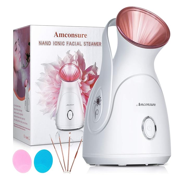 Facial Steamer, Amconsure Nano Ionic Face Steamer for Home, 100ML Warm Mist Humidifier for Women Moisturizing, Unclogs Pores-Bonus Stainless Steel Skin Kit and 2 Face Scrubbers-VivaGrace Women