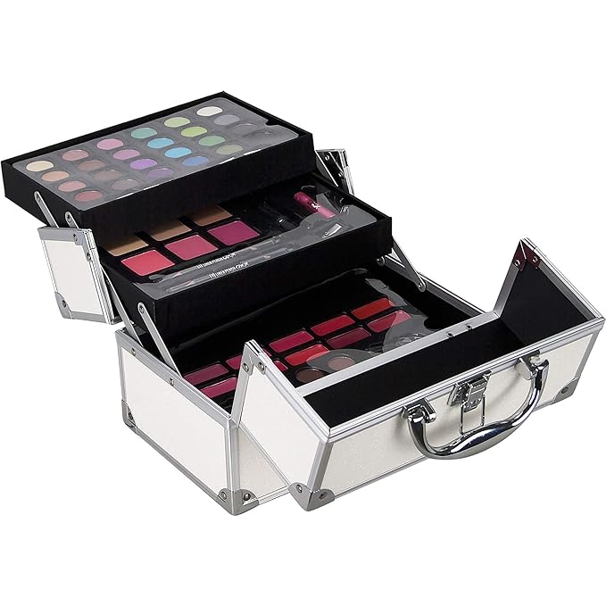 55pcs Makeup Gift Set Kit Train Case With Extendable Trays (eyeshadow, Blushes, Lipstick & More) - Vmk1304, White Glitter-VivaGrace Women