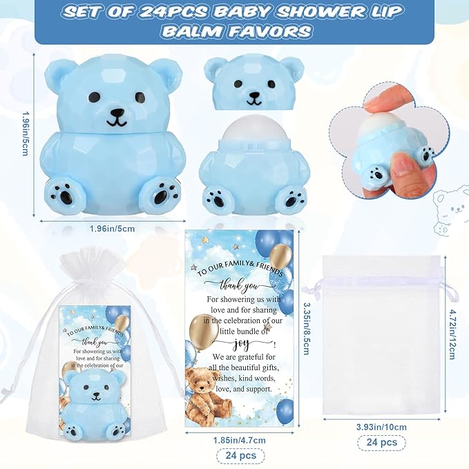 24 Sets Baby Shower Bear Lip Balm Favors Bear Lip Care Transparent Lipstick with Gift Bags and Thank You Cards for Baby Shower Gender Reveal Favors Decorations Gift Supplies-VivaGrace Women