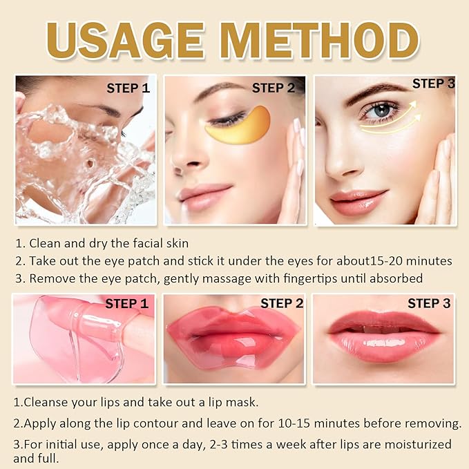 30 Pieces Lip Mask & Under Eye Mask,24K Gold Gel Crystal Collagen Eye Patches, Cherry Lip Masks Skincare,Moisturizing& Reducing Reducing Fine Lines & Dark Circle for Puffy Eyes-VivaGrace Women