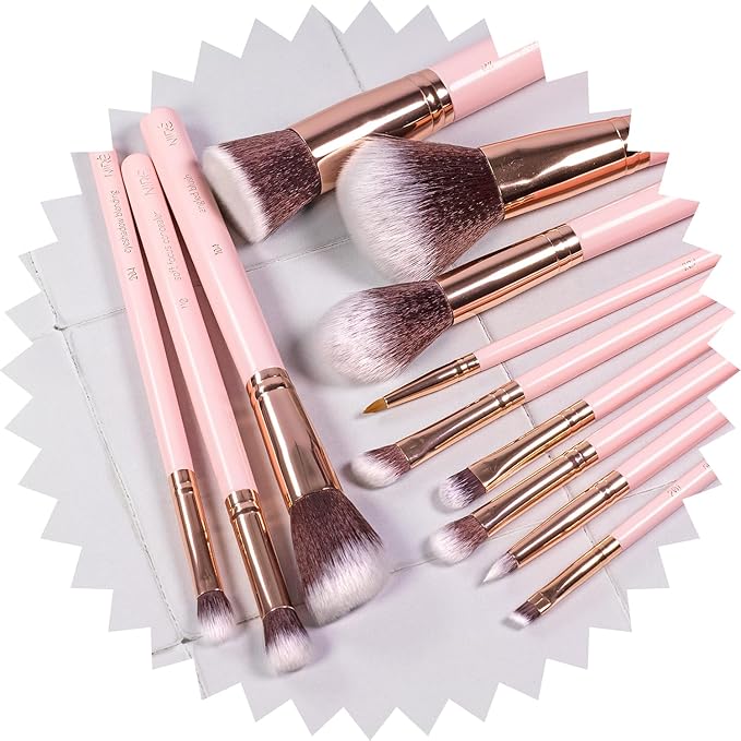 Niré Beauty 15piece Award Winning Pink Makeup Brushes: Pink Makeup Brush Set with Case, Makeup Sponge, Brush Cleaner, Guide, Gift Box-VivaGrace Women